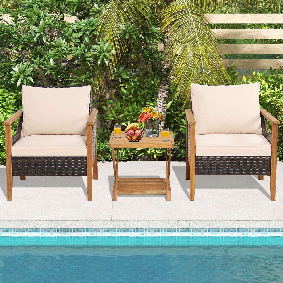 3 Pieces Patio Wicker Furniture Set with 2-Tier Side Table and