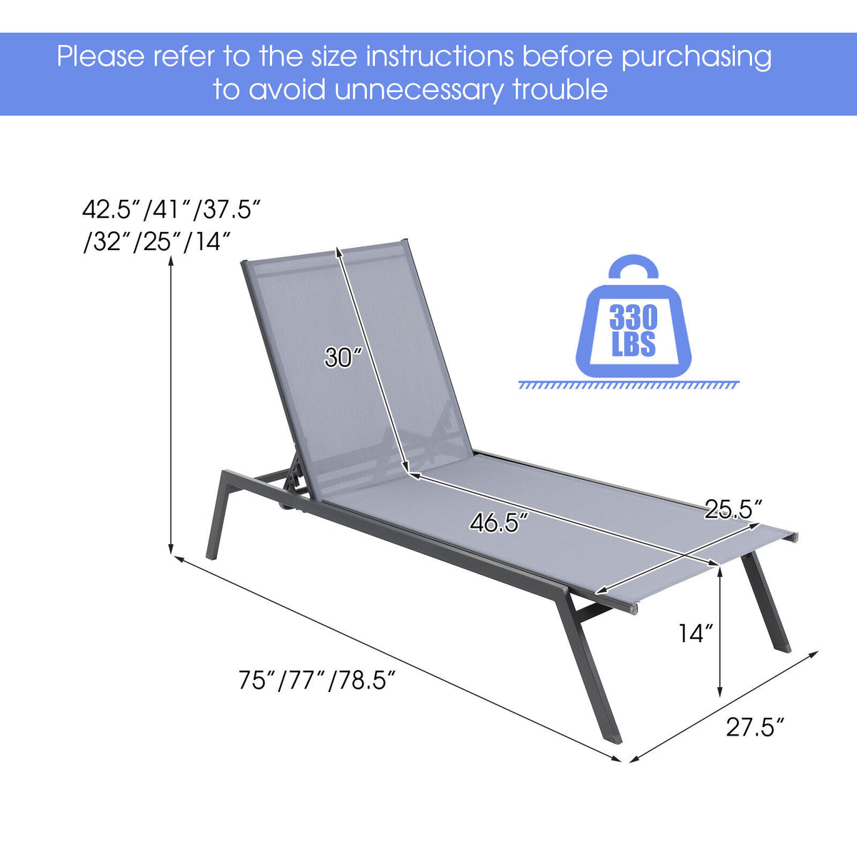 Outdoor Adjustable Chaise Lounge Chair with Lay Flat Position and