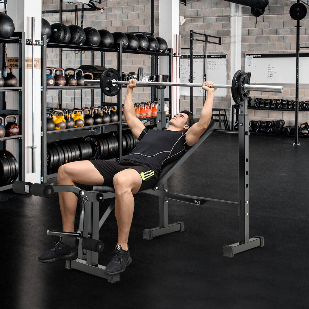 Adjustable Weight Bench and Barbell Rack Set with Weight Plate Post - Home Gym Equipment