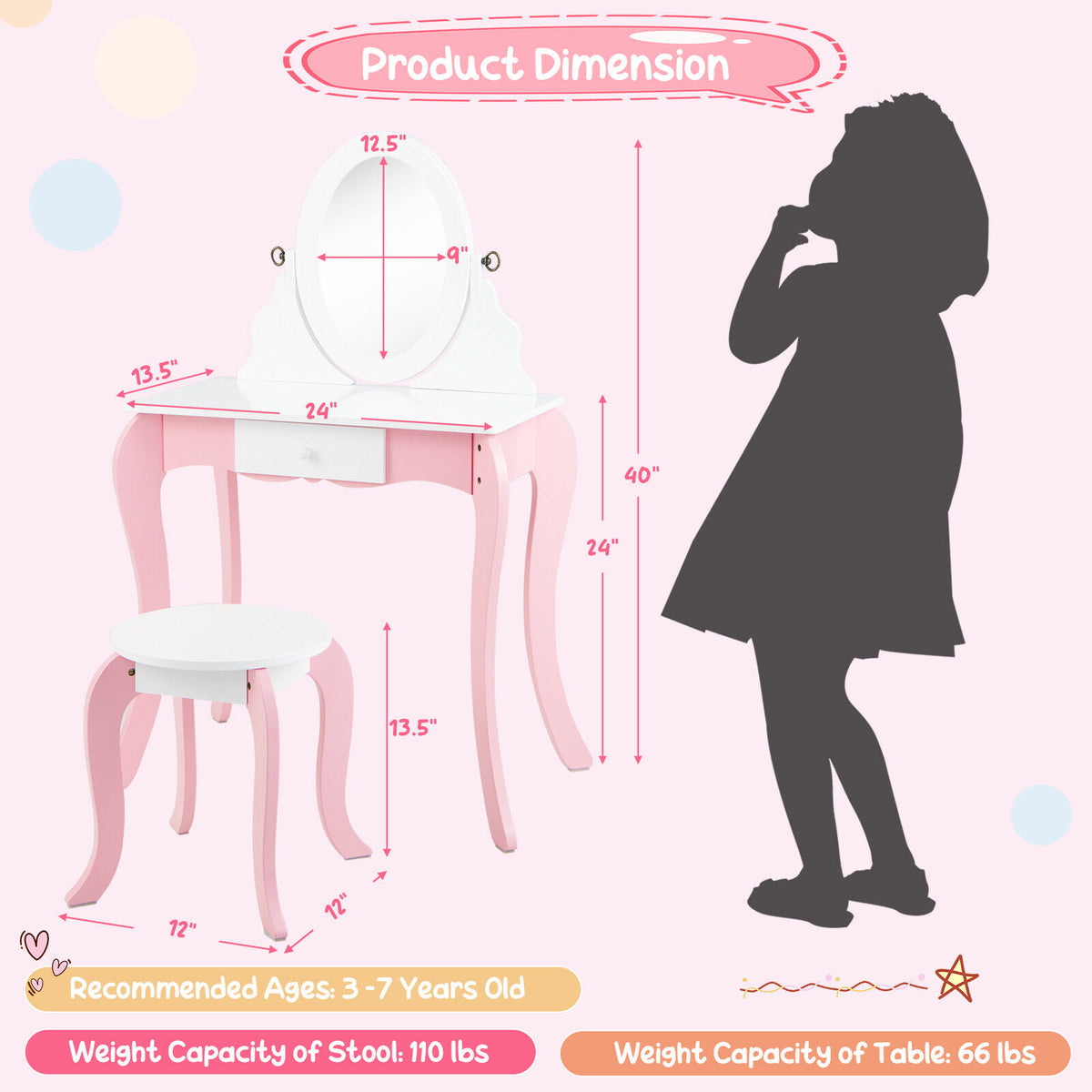 Kids Vanity Set with Rotatable Mirror & Play Accessories - Elliptical Style