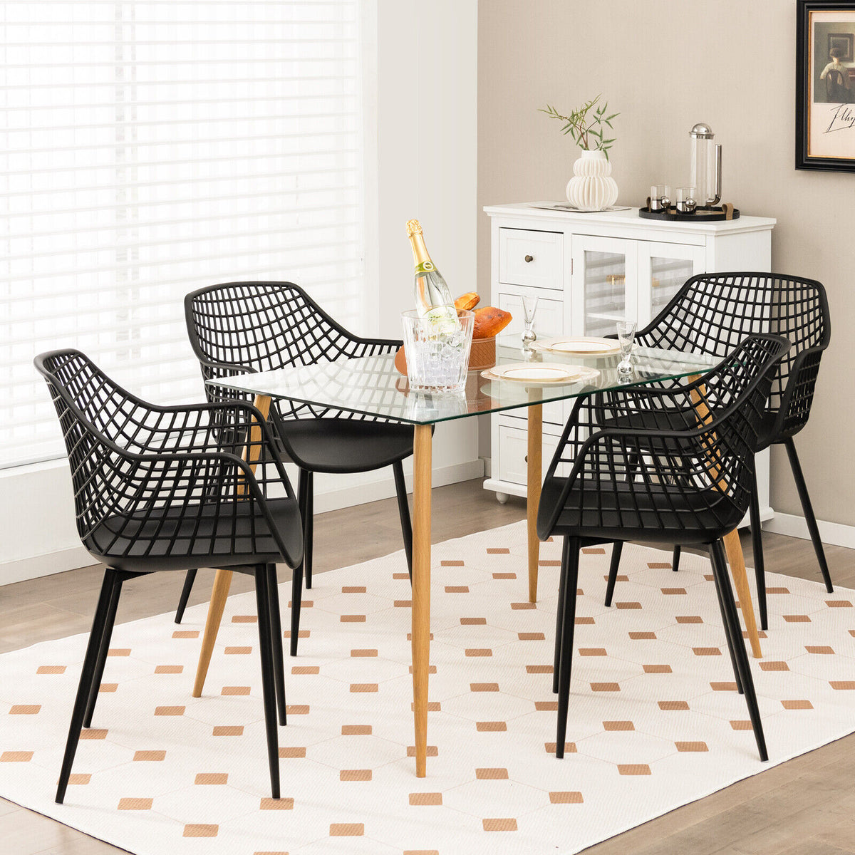 Modern Dining Chair Set of 4 with Hollow Backrest - Black