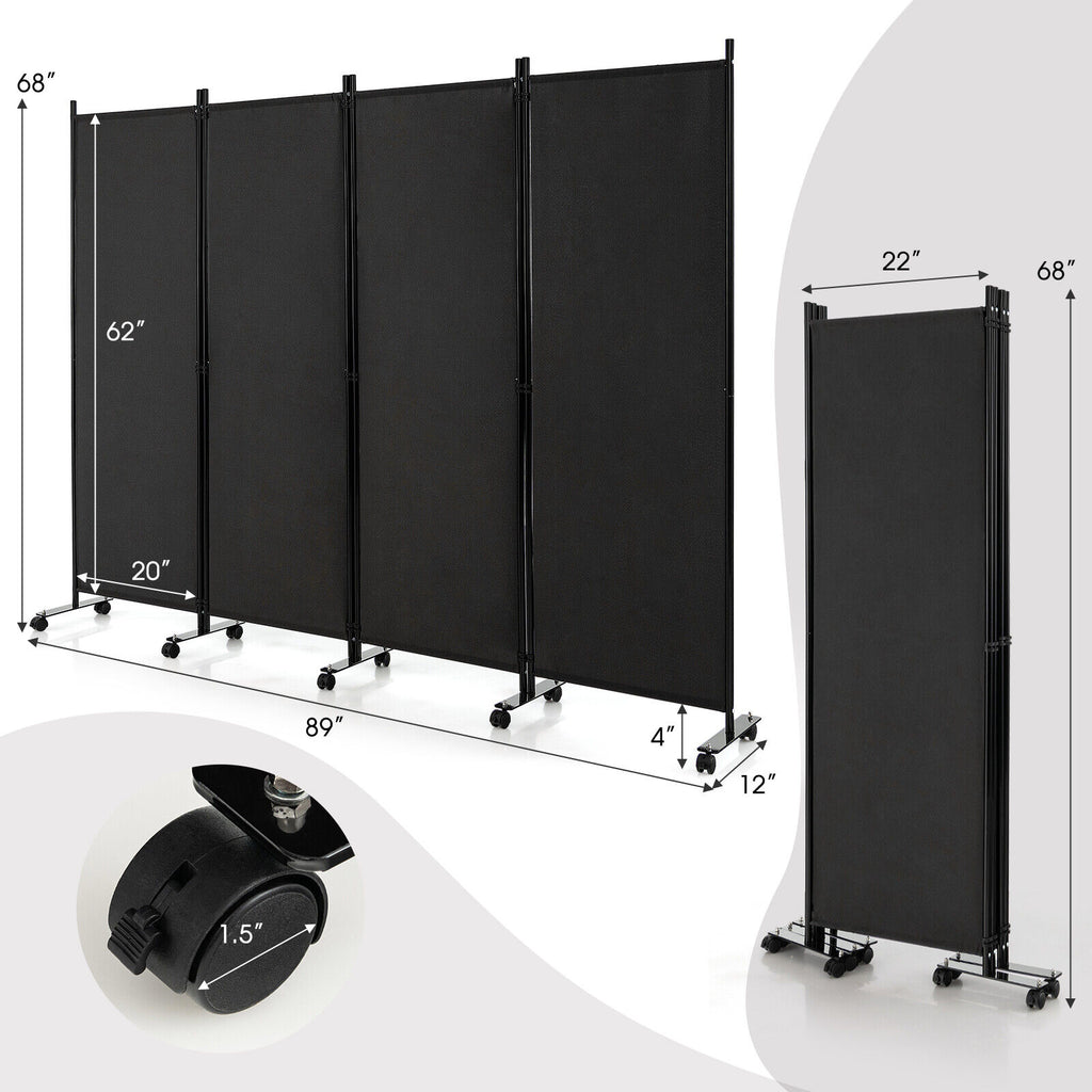 4-Panel Folding Room Divider Privacy Screen with Lockable Wheels - Black, 4 Panels & Wheels
