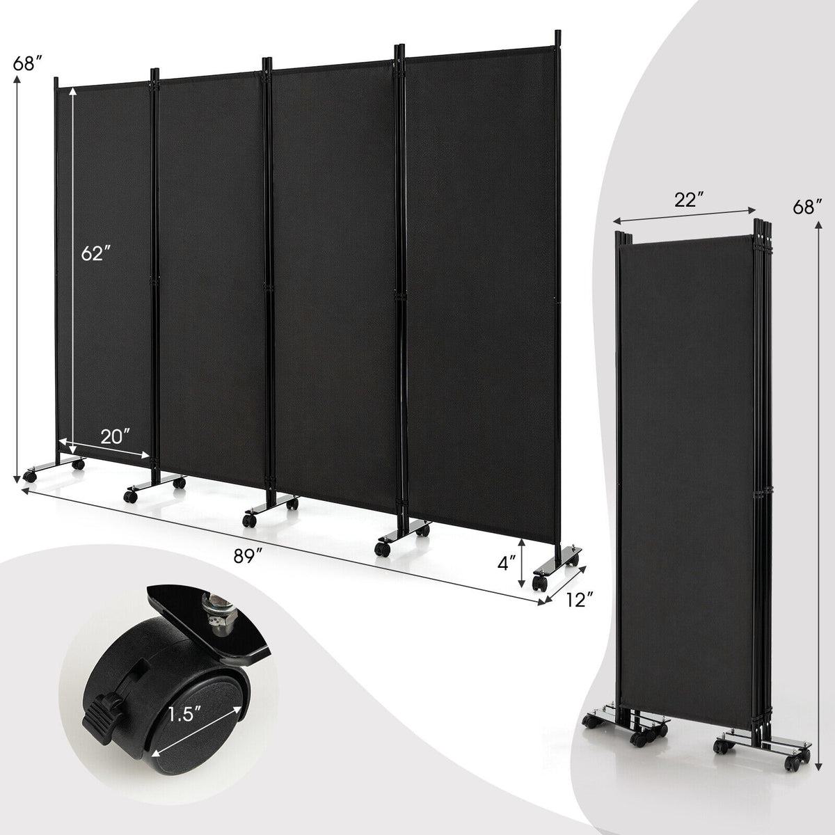 4-Panel Folding Room Divider Privacy Screen with Lockable Wheels - Black, 4 Panels & Wheels
