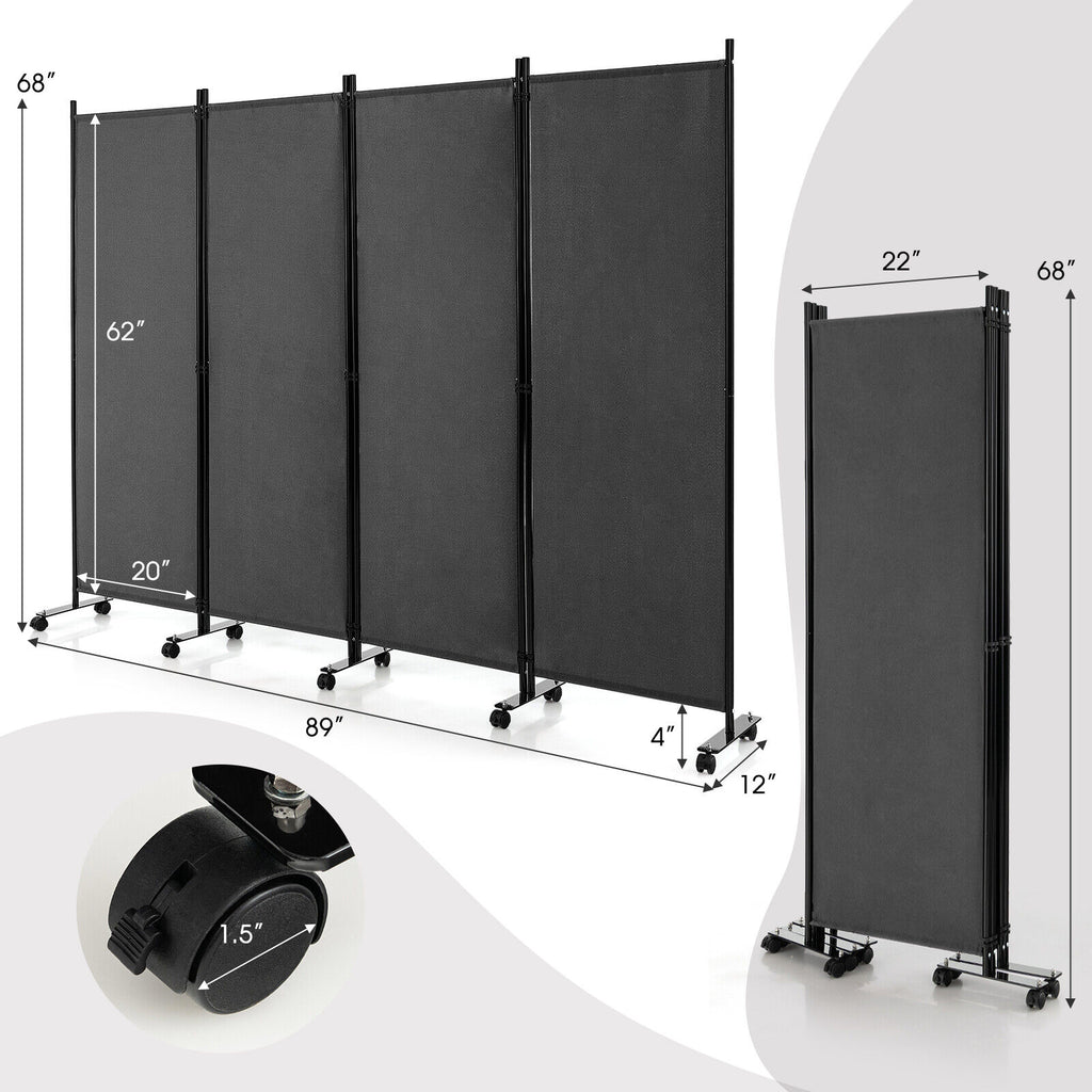 4-Panel Folding Room Divider Privacy Screen with Lockable Wheels - Gray, Includes Variation
