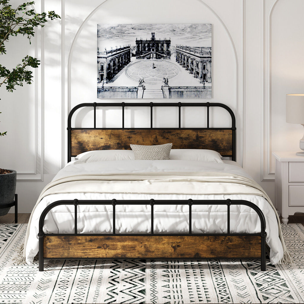 Queen Size Industrial Metal Platform Bed Frame with Headboard - Coffee