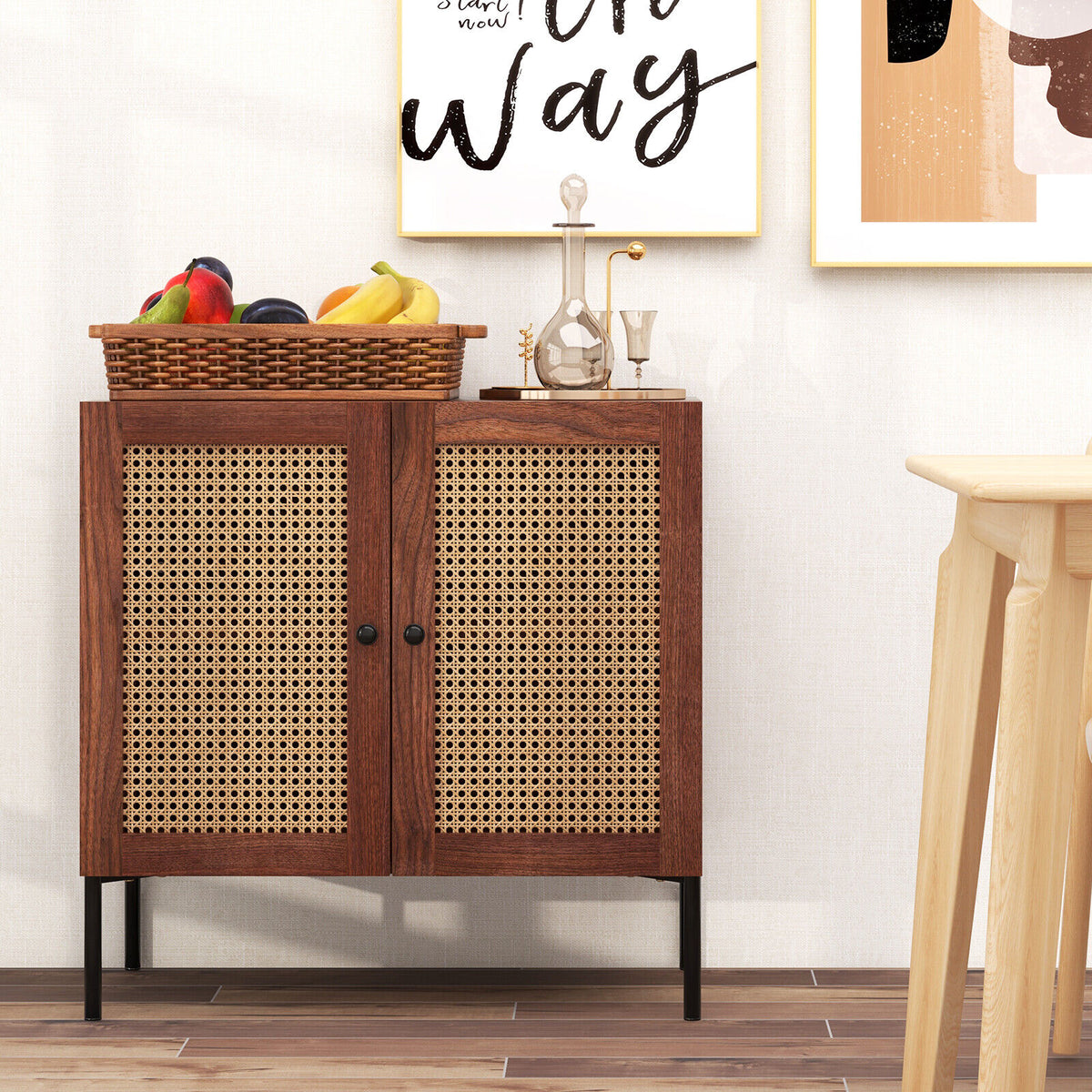Rattan Storage Sideboard with Adjustable Shelf - Walnut