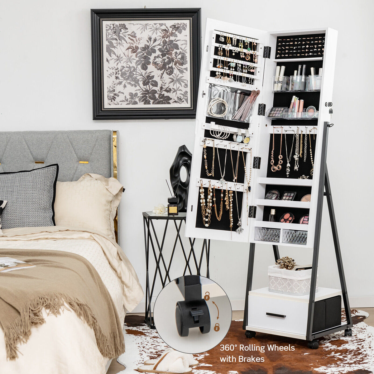 Jewelry Cabinet with Full-Length Mirror - White