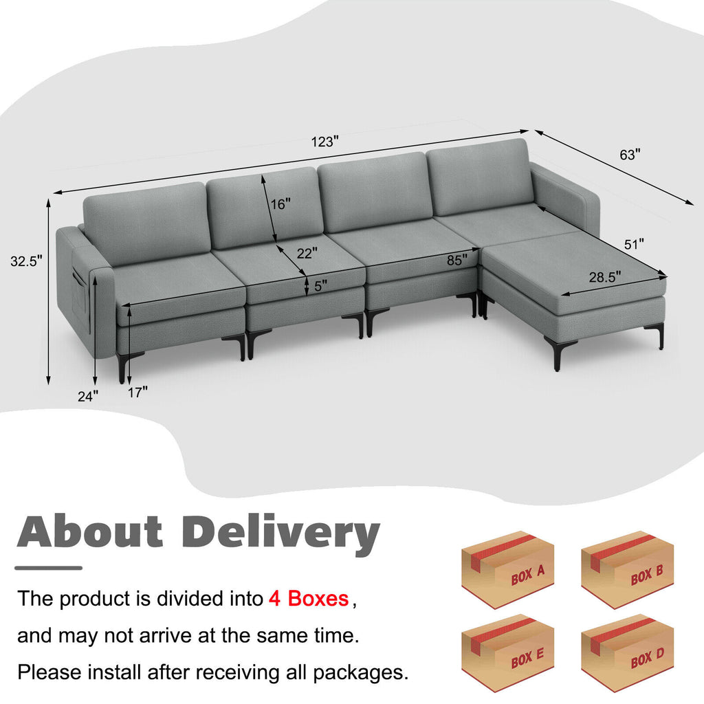 Modular L-Shaped Sectional Sofa with Reversible Ottoman & USB Ports - Gray