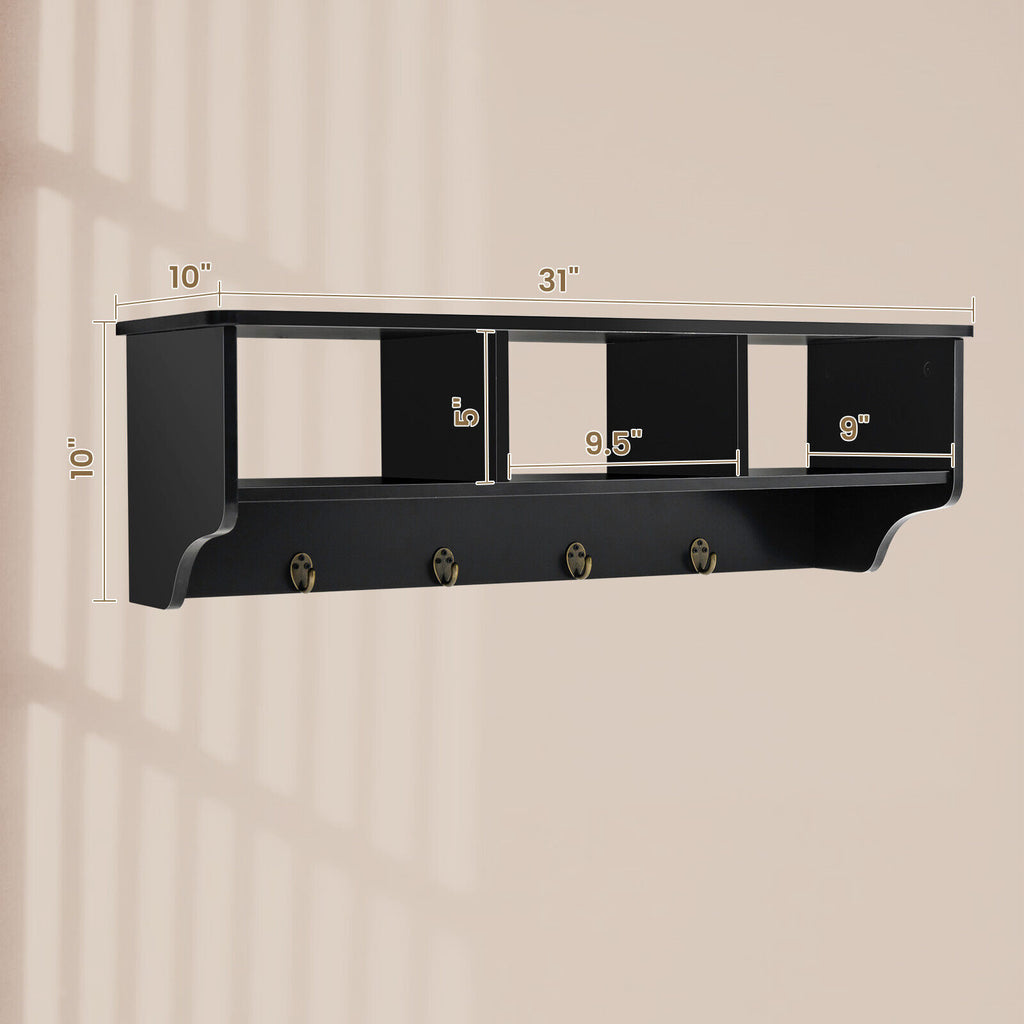 Wall Mount Hooks Shelf for Entryway Storage - Black
