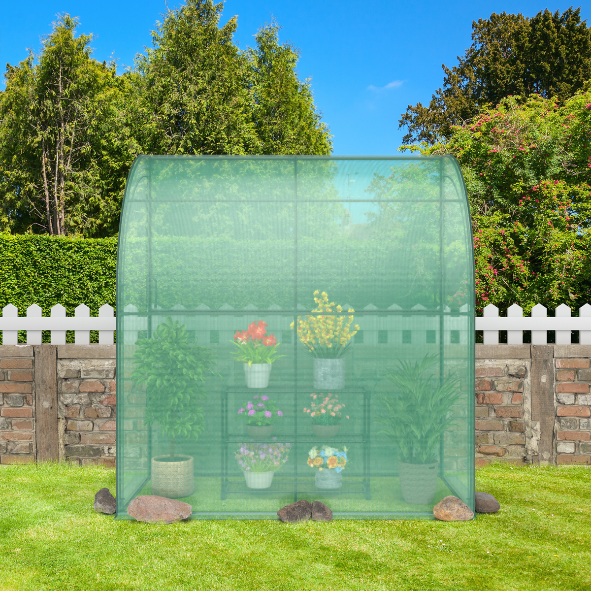 Lean-To Greenhouse 7x3.5x7 Feet with Flower Rack - White