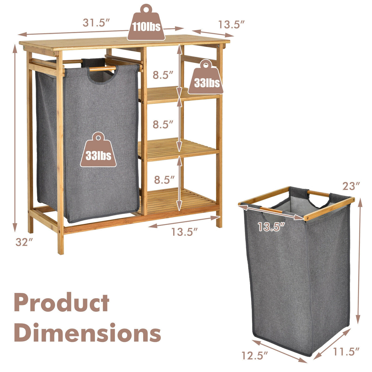 Bamboo Laundry Hamper Stand with Removable Sliding Bag and 3-Tier