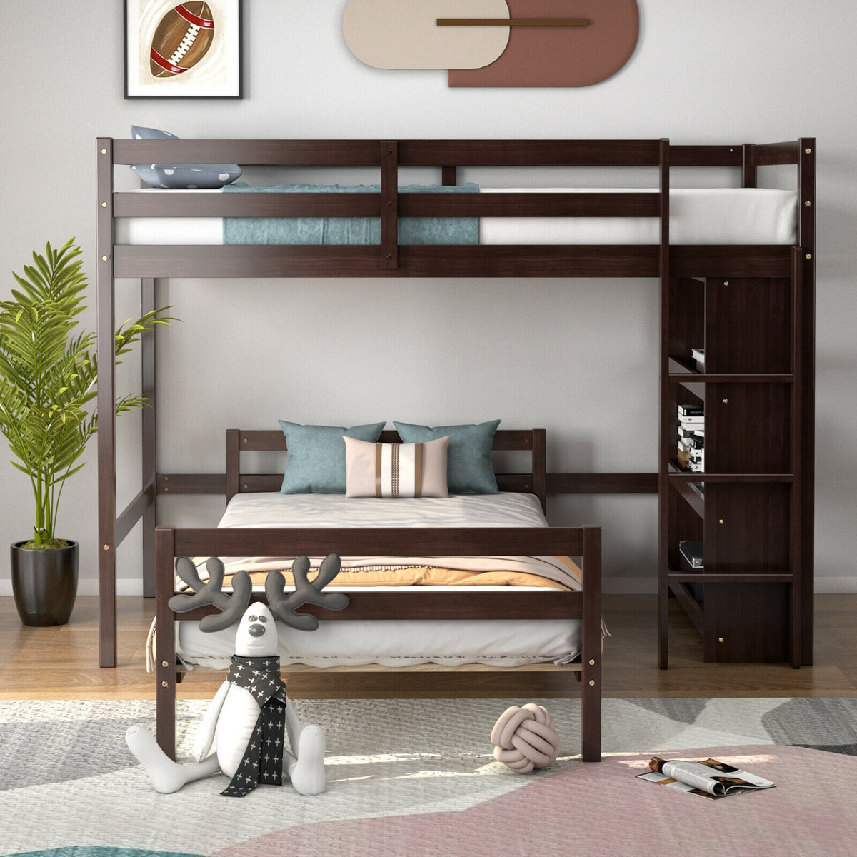 Twin Over Twin Loft Bunk Bed with Bookcase - Dark Brown