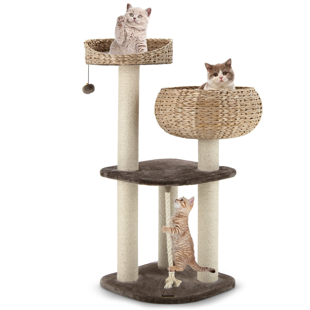 41 Inch Rattan Cat Tree with Napping Perch - Brown