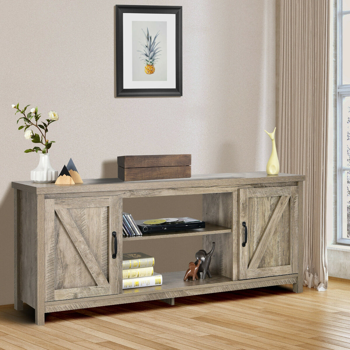 59 Inch Barn Door TV Console Table with Storage - Natural