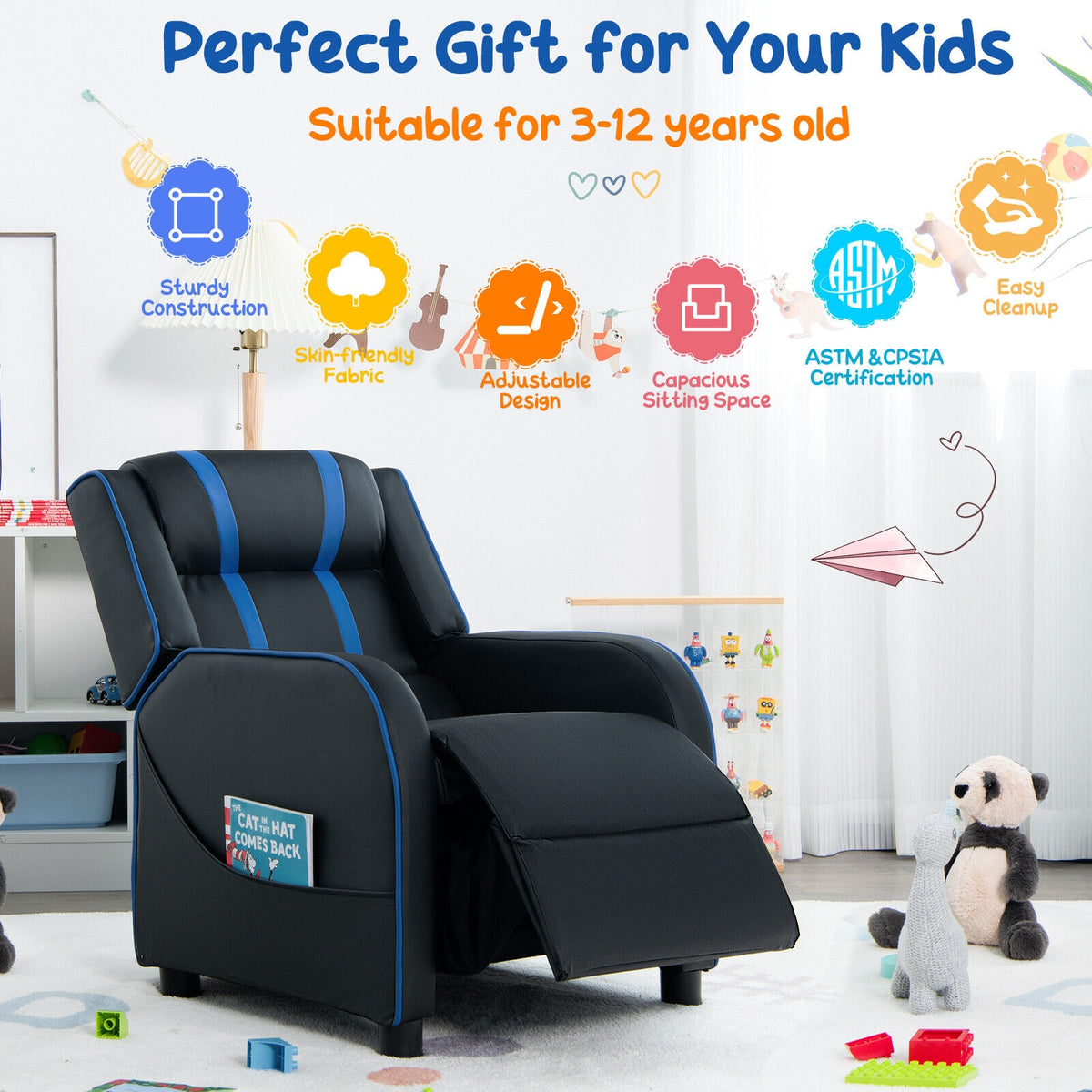 Kids Recliner Chair with Side Pockets & Footrest - Style G, Blue