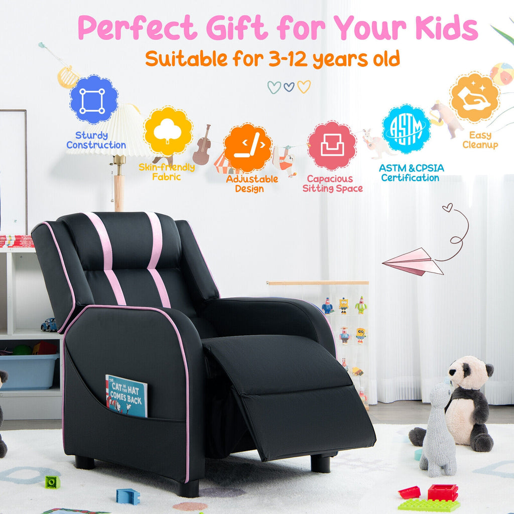Kids Recliner Chair with Side Pockets & Footrest - Style G Pink