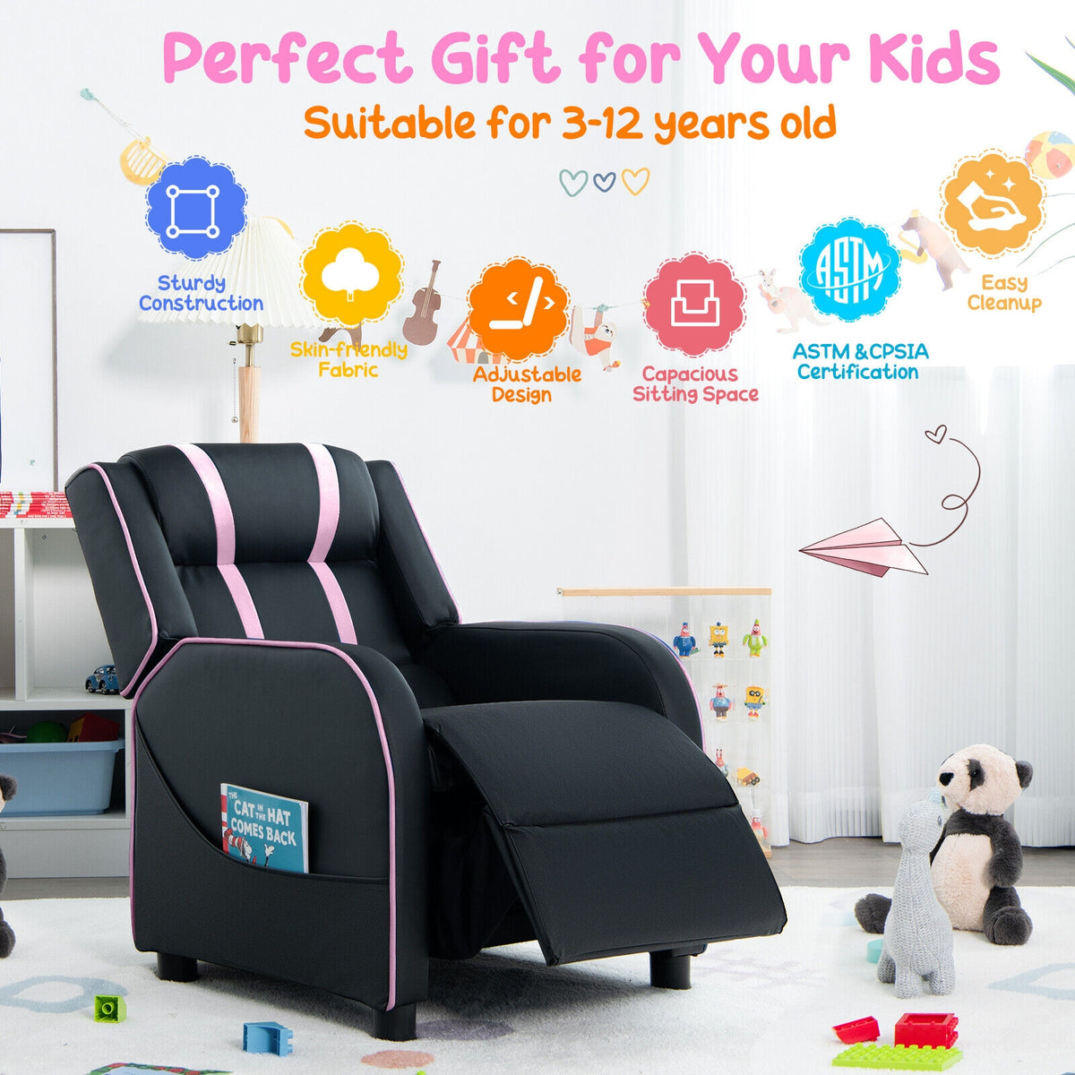 Kids Recliner Chair with Side Pockets & Footrest - Style G Pink