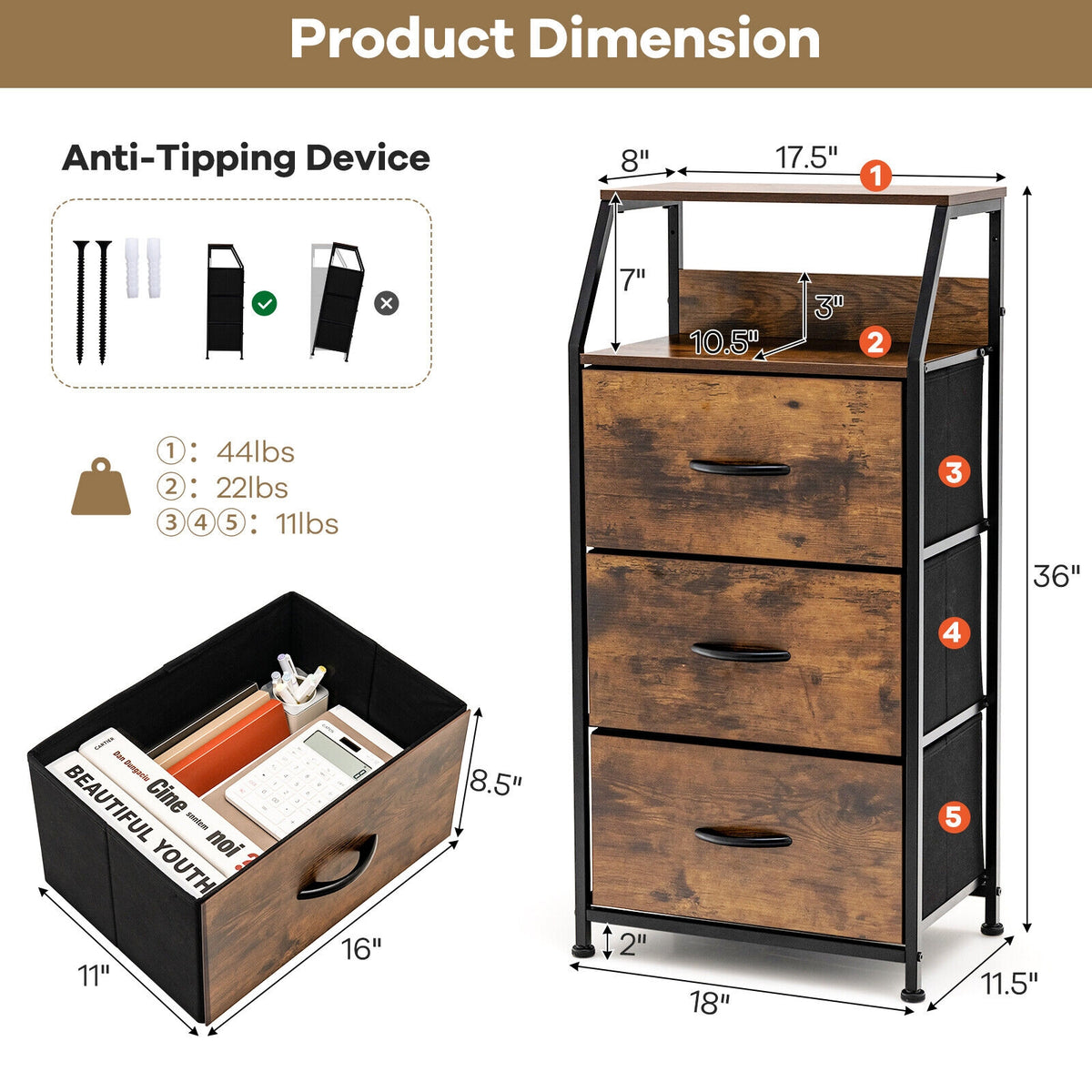 Freestanding Cabinet Dresser with Wooden Top Shelves, M