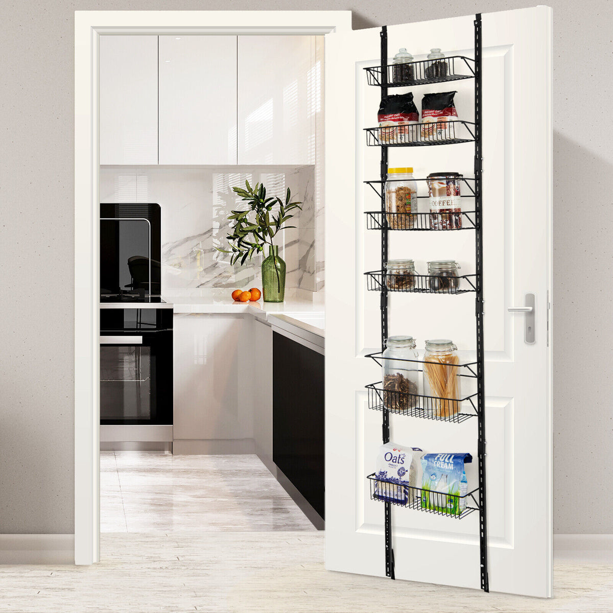 Over the Door Pantry Organizer Rack with Adjustable Hooks and 6 Baskets - Kitchen & Storage