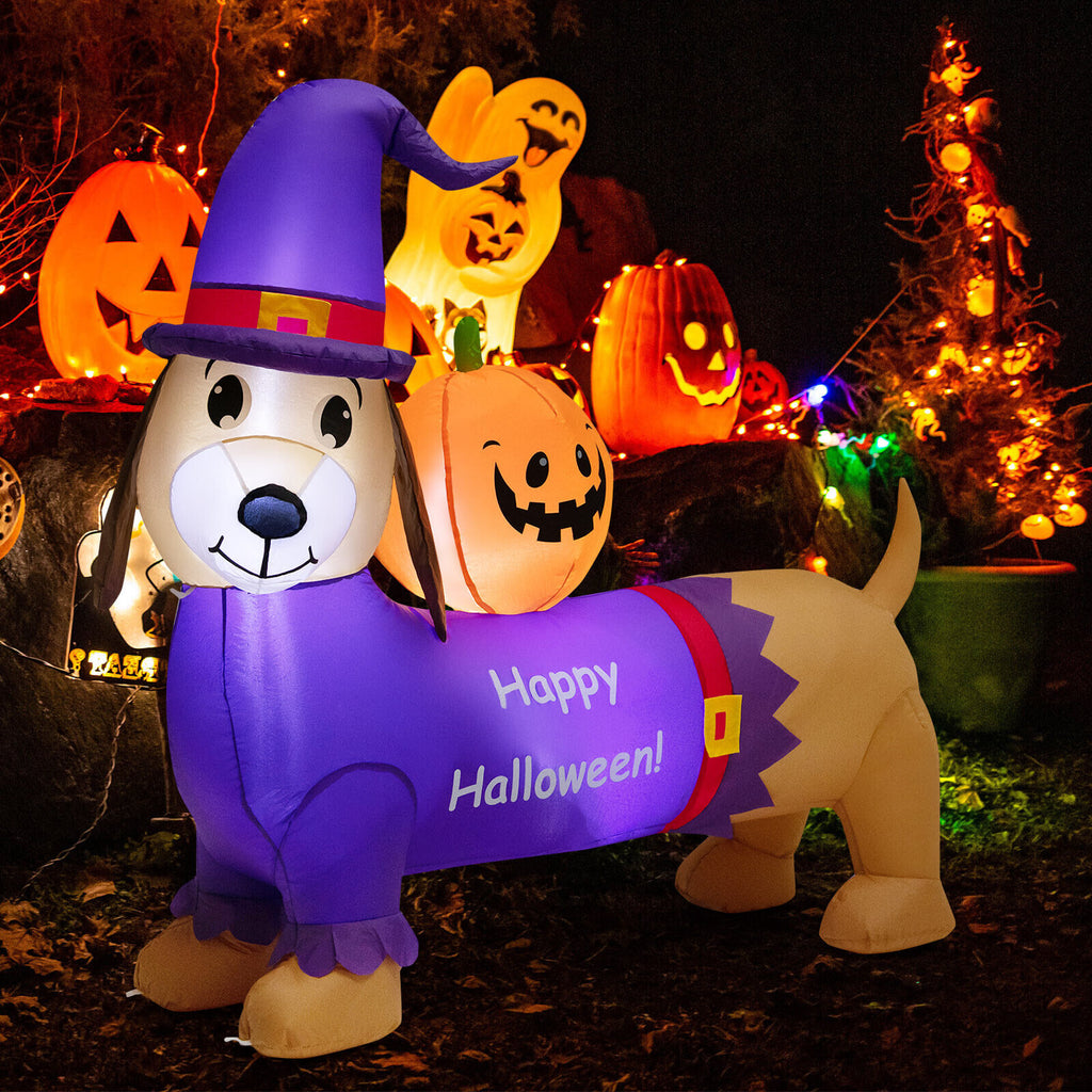 Halloween Inflatable Dachshund Dog with Pumpkin and LED Lights - Yard Decoration