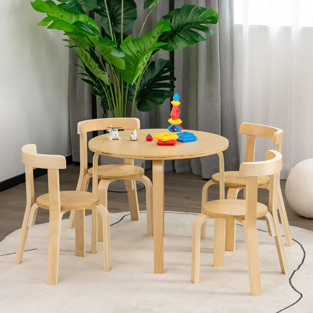 Kids Wooden Activity Table and Chair Set - Round Gray with Toy Bricks