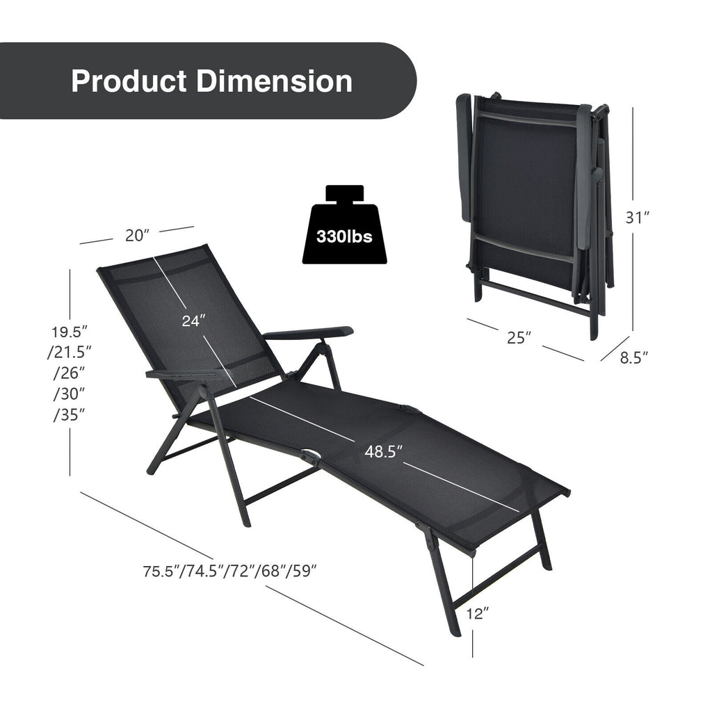 Foldable Chaise Lounge Chair with Footrest - Black