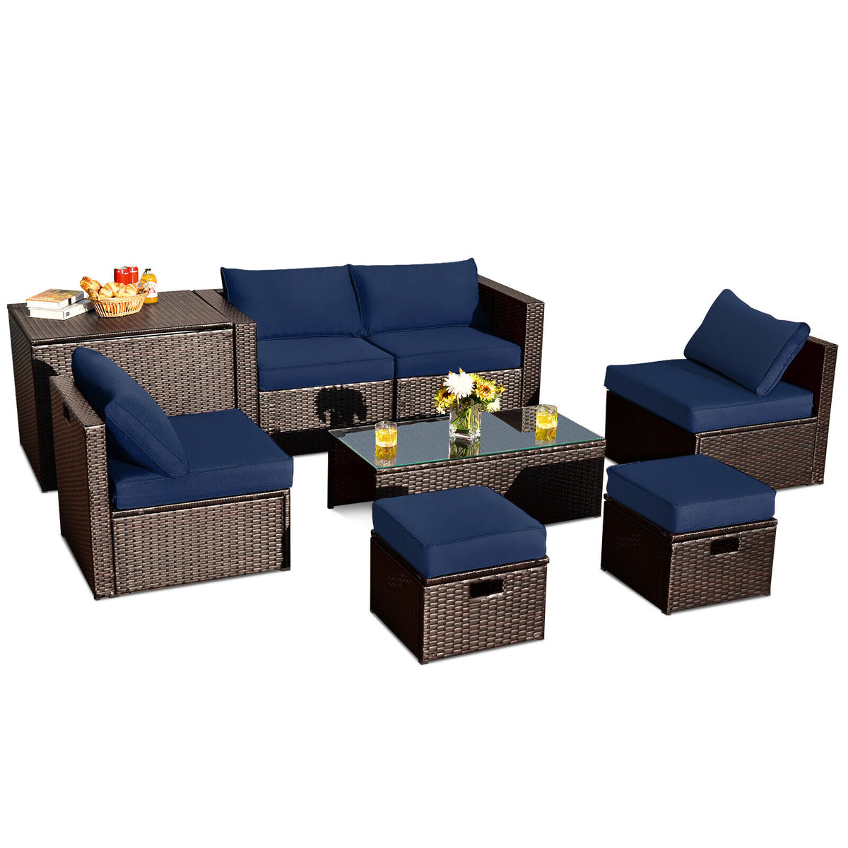 8-Piece Patio Rattan Furniture Set with Storage Box & Waterproof Cover - Brown, Navy