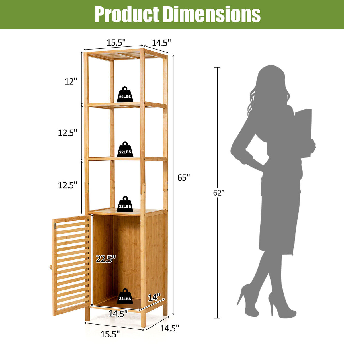 4-Tier Bamboo Floor Storage Cabinet with Shutter Door - 62-inch H