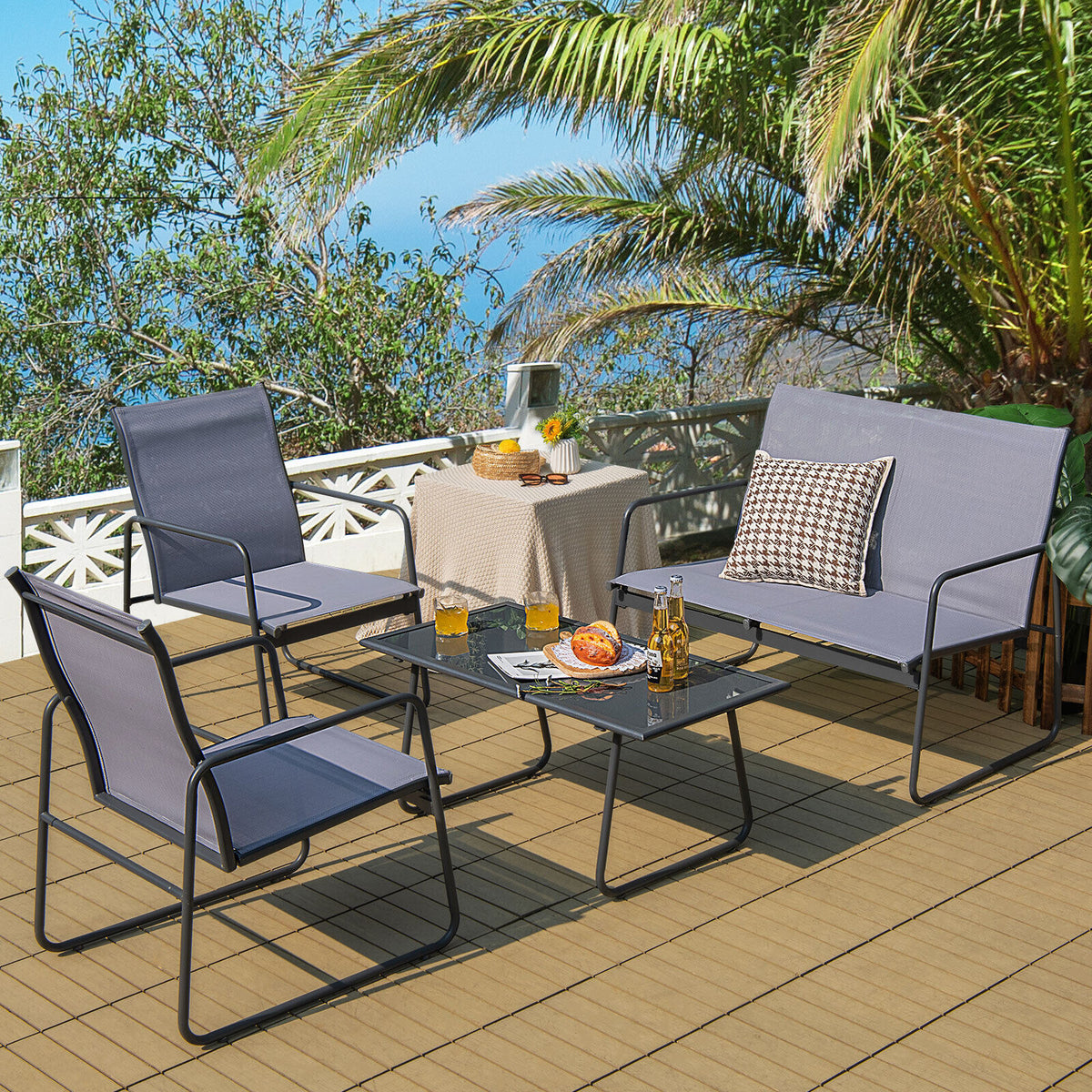 4 Pieces of Metal Patio Furniture Chat Set with Tempered Glass Coffee