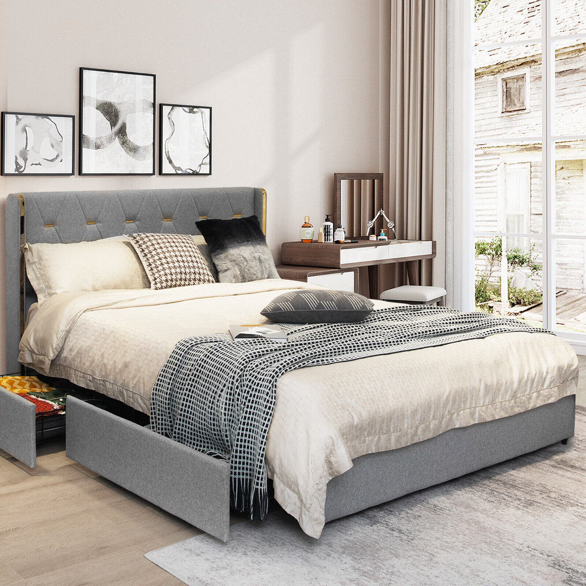 Upholstered Platform Bed Frame with High Headboard & 4 Drawers - Silver, Full