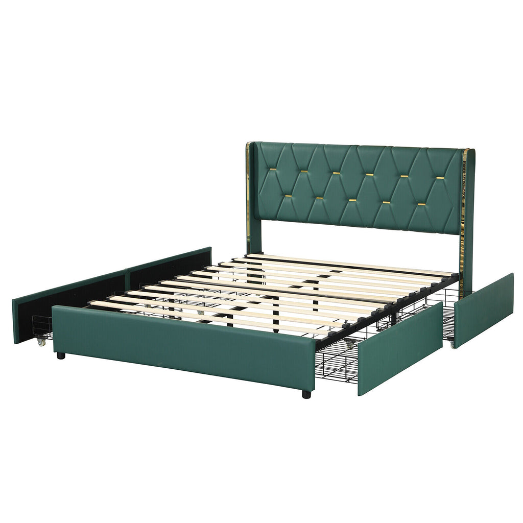 PU Leather Platform Bed Frame with 4 Drawers - Full, Green