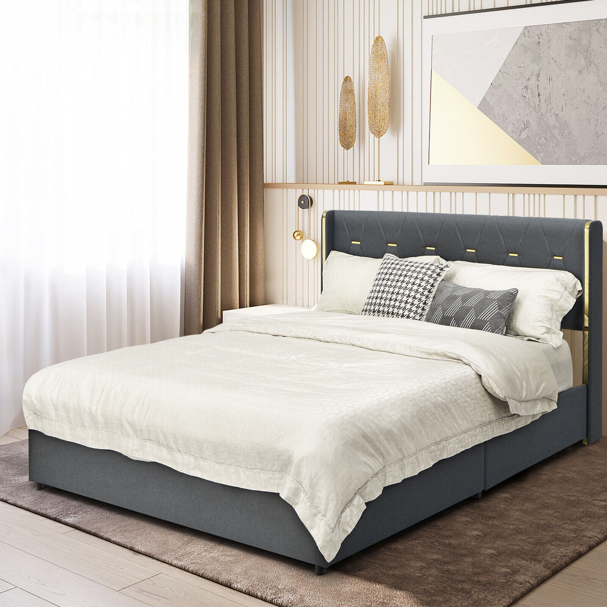 Full Size Upholstered Platform Bed with 4 Storage Drawers - Dark Gray