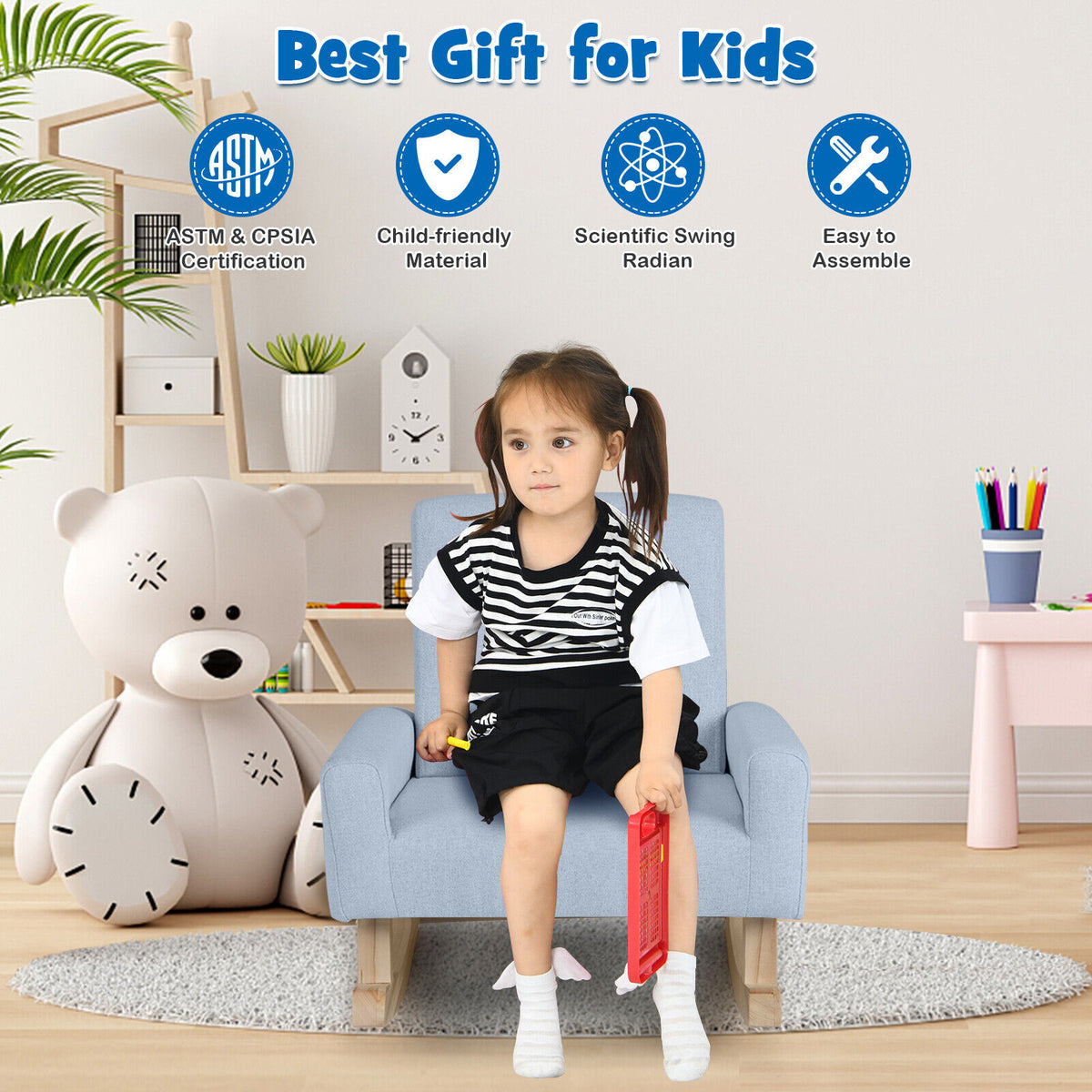 Kids Rocking Chair with Solid Eucalyptus Wood Legs - Blue Variation