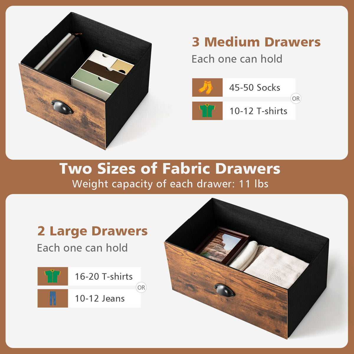 5-Drawer Dresser Organizer with Wooden Top - Rustic Brown