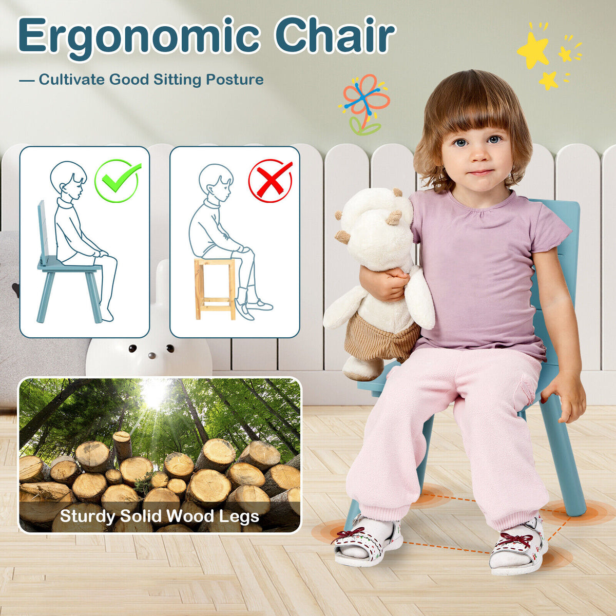 Kids Wooden Activity Play Furniture Set with Building Blocks - Blue, 5 Pieces