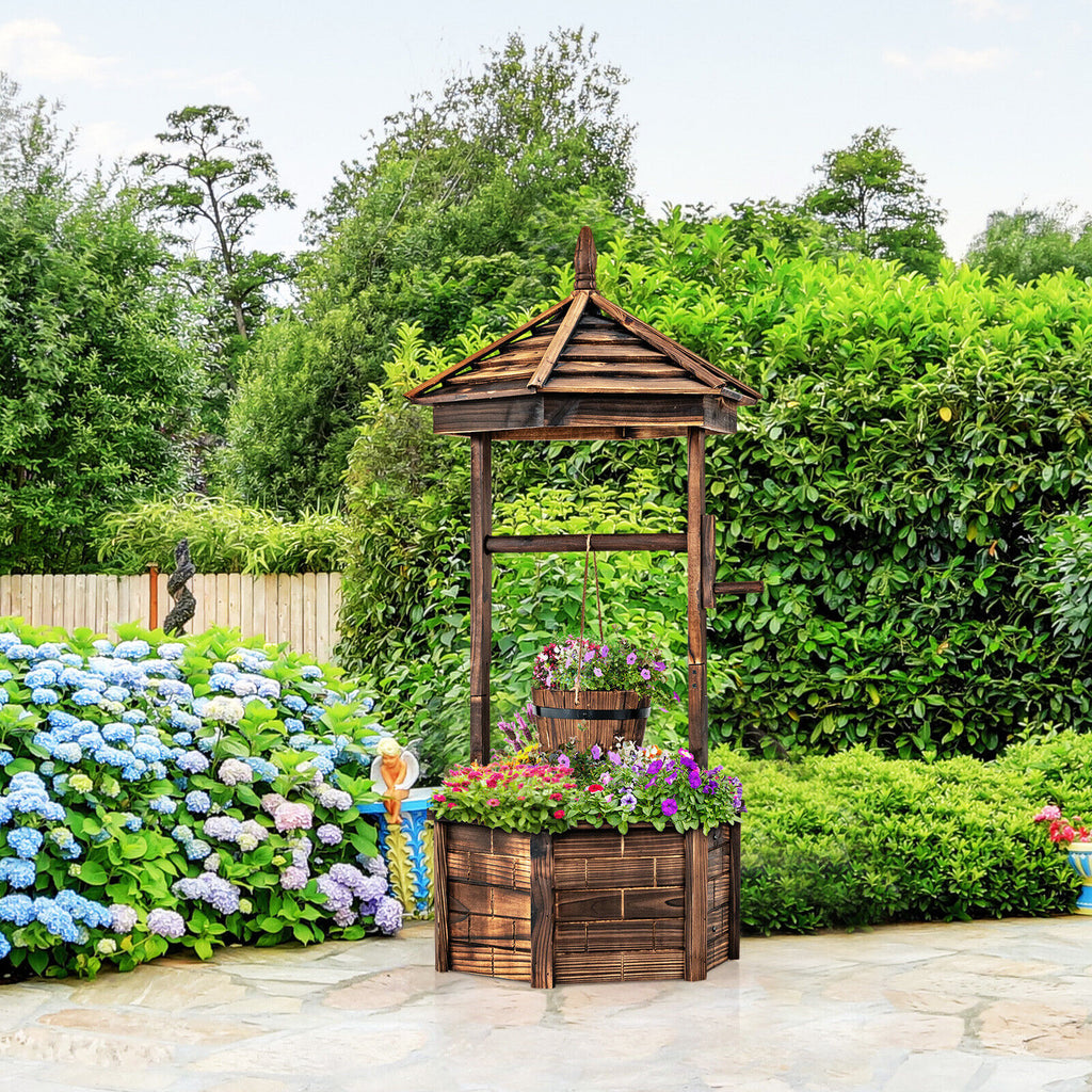 Rustic Wooden Wishing Well with Adjustable Bucket - Brown