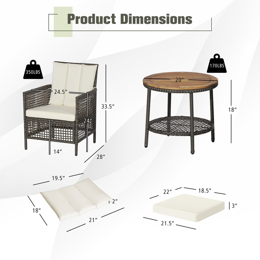 3 Pieces Patio Rattan Furniture Set with Cushioned Sofas and Wood
