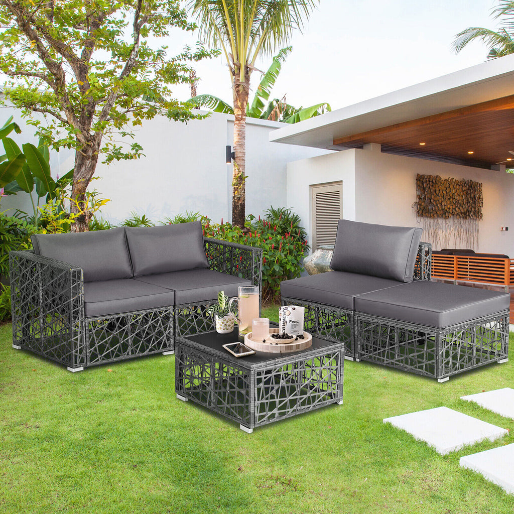 5 Pieces Patio PE Rattan Wicker Sofa Furniture Set