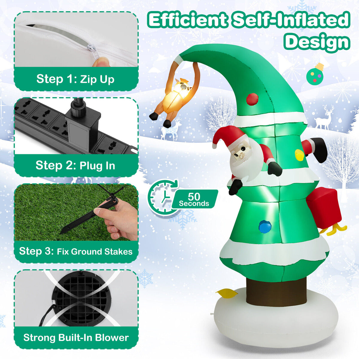 Inflatable Christmas Tree with Santa Claus - 8ft Holiday Decor with LED Lights - Variation: F Style