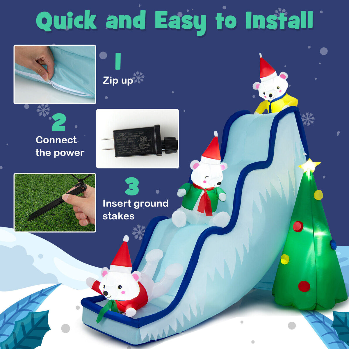 Inflatable Polar Bear Slide Scene Decoration with LED Lights - Outdoor Christmas Yard Decor