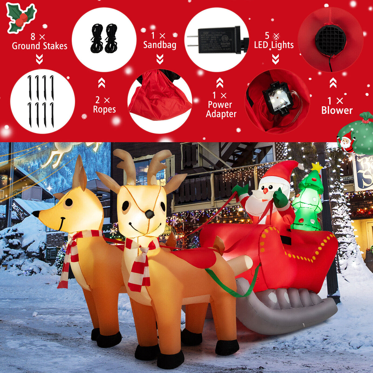 Inflatable Santa on Reindeer Sleigh with LED Lights - 7.2 Feet Christmas Yard Decor - Reindeer Pulling Style