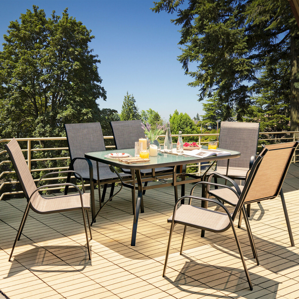 Stackable Patio Dining Chairs Set of 6 with Curved Armrests