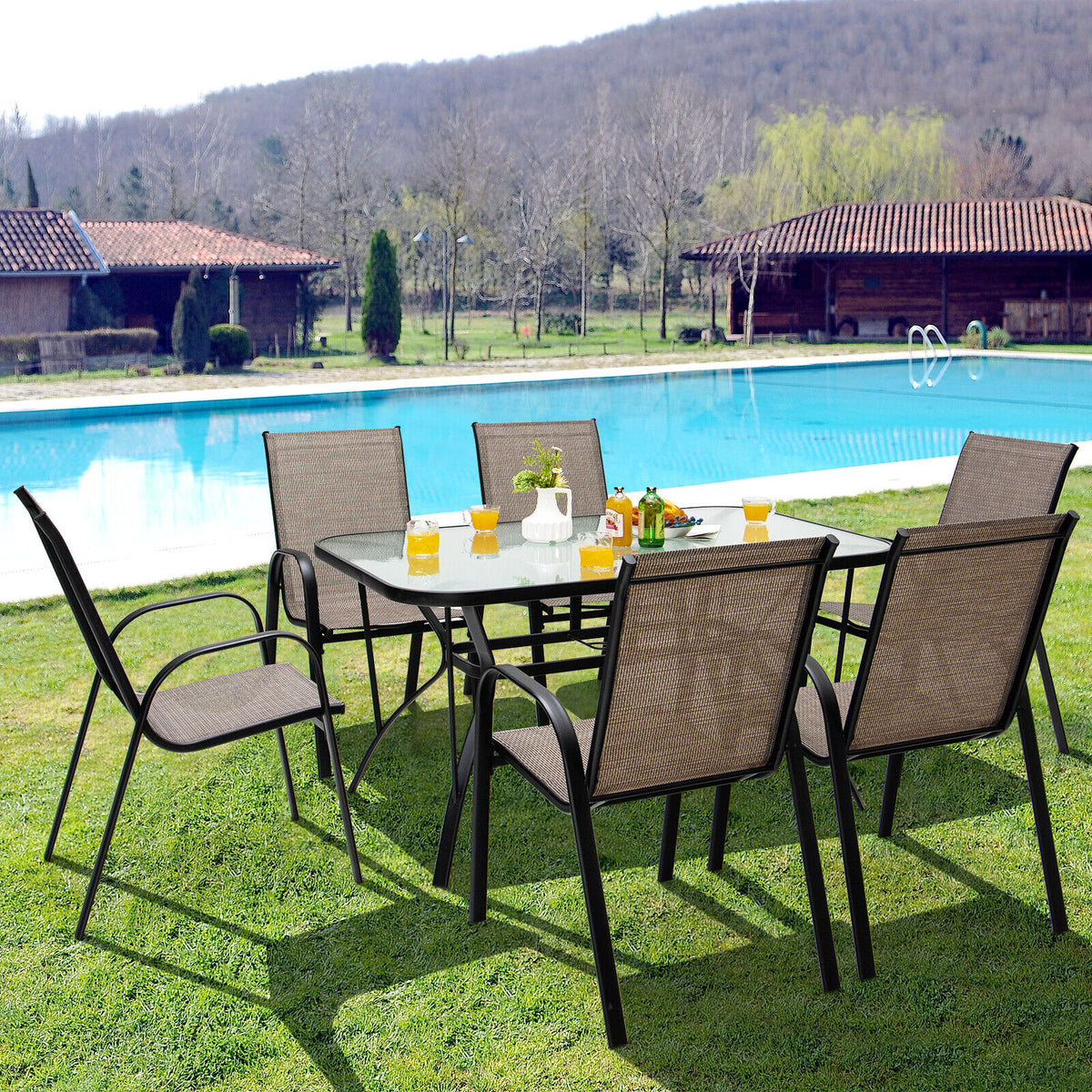 55" x 35" Patio Dining Table with Tempered Glass & Umbrella Hole