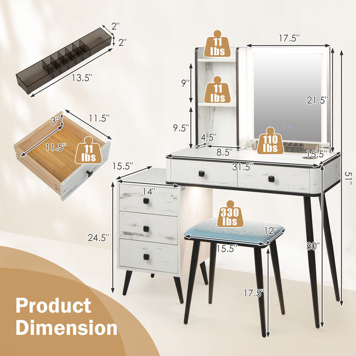Makeup Vanity Table with Lighted Mirror, White
