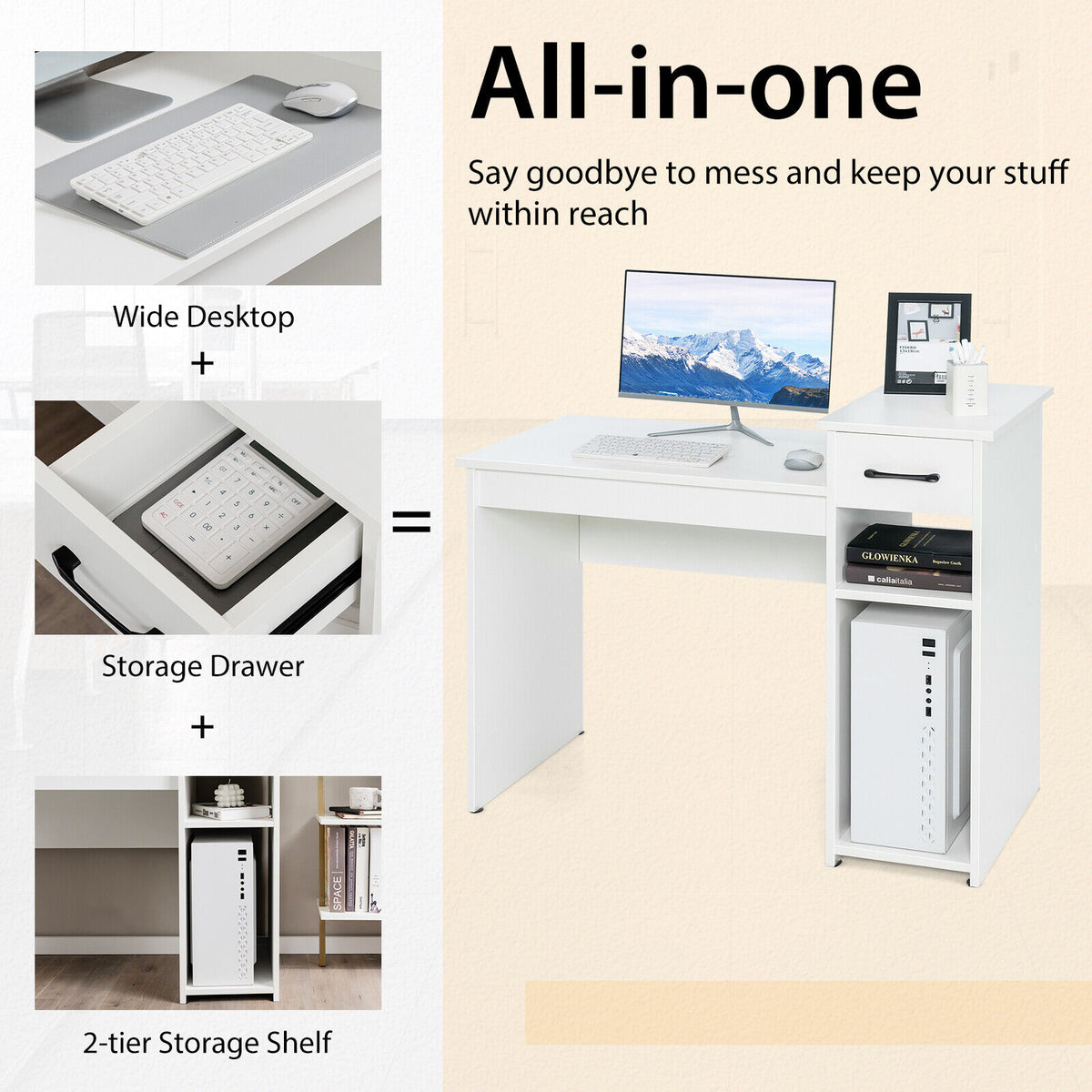Compact Computer Desk with Drawer and CPU Stand, White