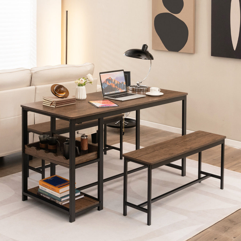 3-Piece Dining Table Set with Wine Rack - Brown