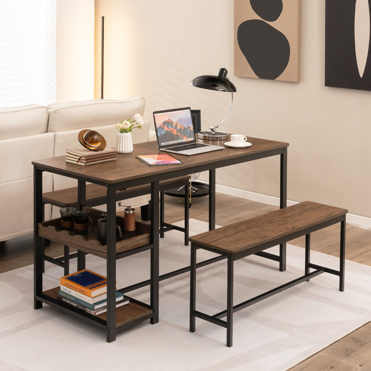 3-Piece Dining Table Set with Wine Rack - Brown