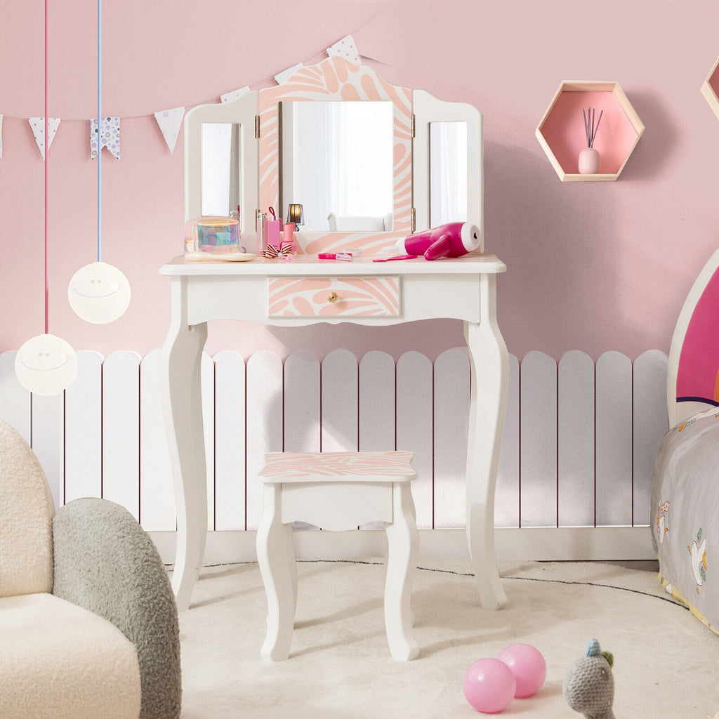 Kids Vanity Table Set with Tri-Fold Mirror - Pink, 2-in-1 Dressing & Writing Desk