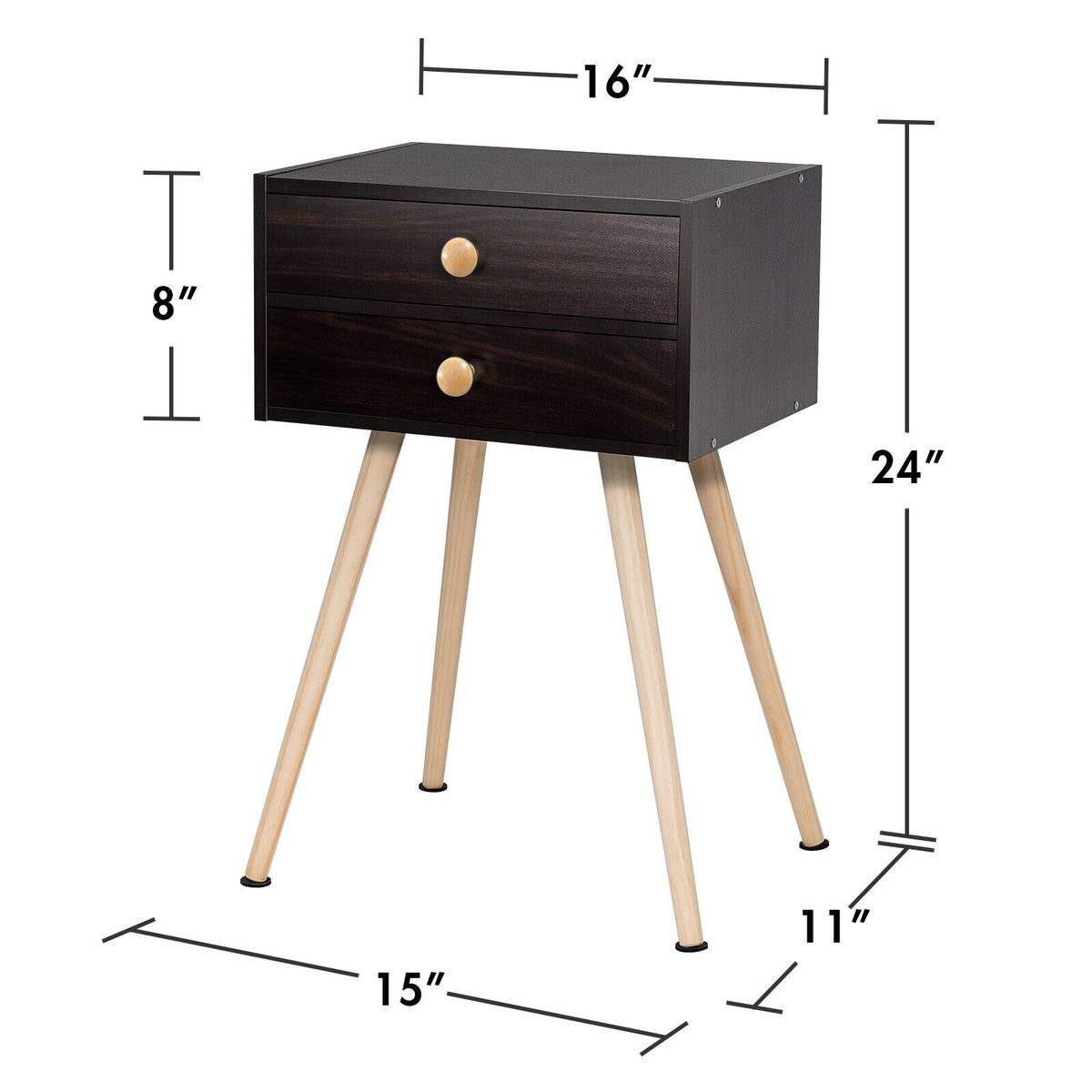 Midcentury Modern Bedside Table with 2 Drawers, Brown