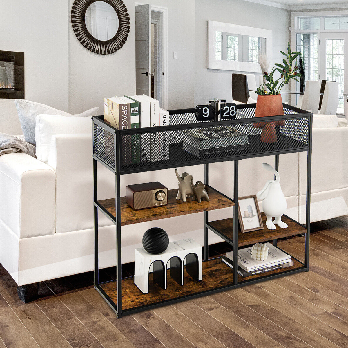 4-Tier Industrial Console Table with Wire Basket - Rustic Brown